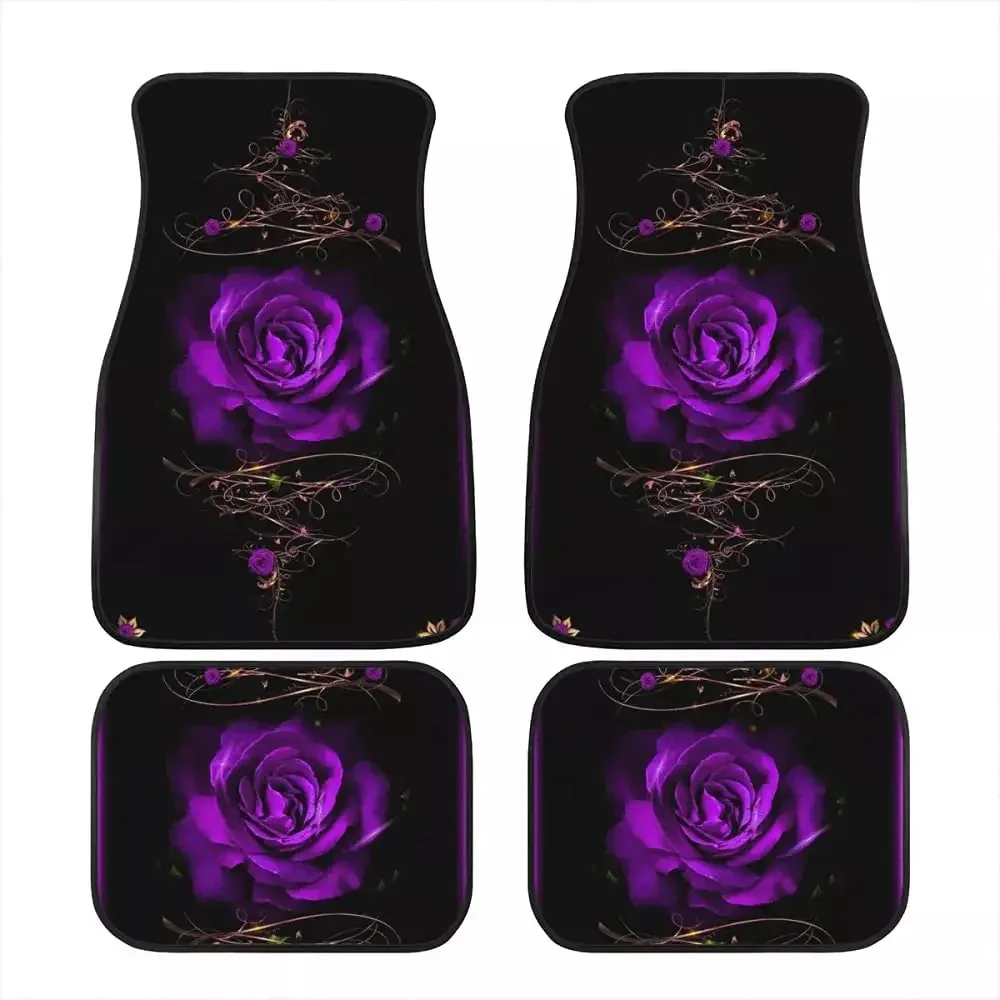 TOADDMOS 4pcs Carpets Car Floor Mat, Purple Rose Vintage Pattern Auto Interior Decorative Durable Floor Mat, All Weather Heavy D