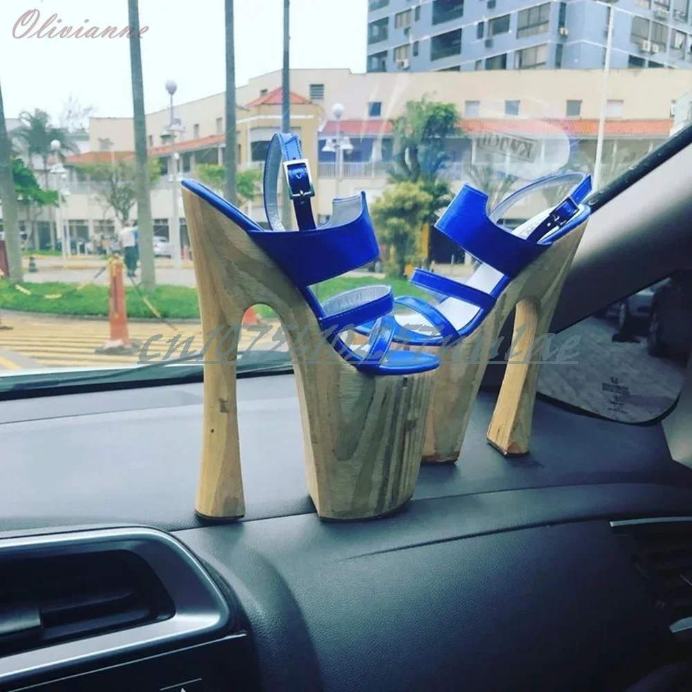 

Slingback Chunky High Heel Deep Blue Shiny Leather Elegant Sandals Sexy Party Fashion Women Shoes 2025 Summer New Para Mujere