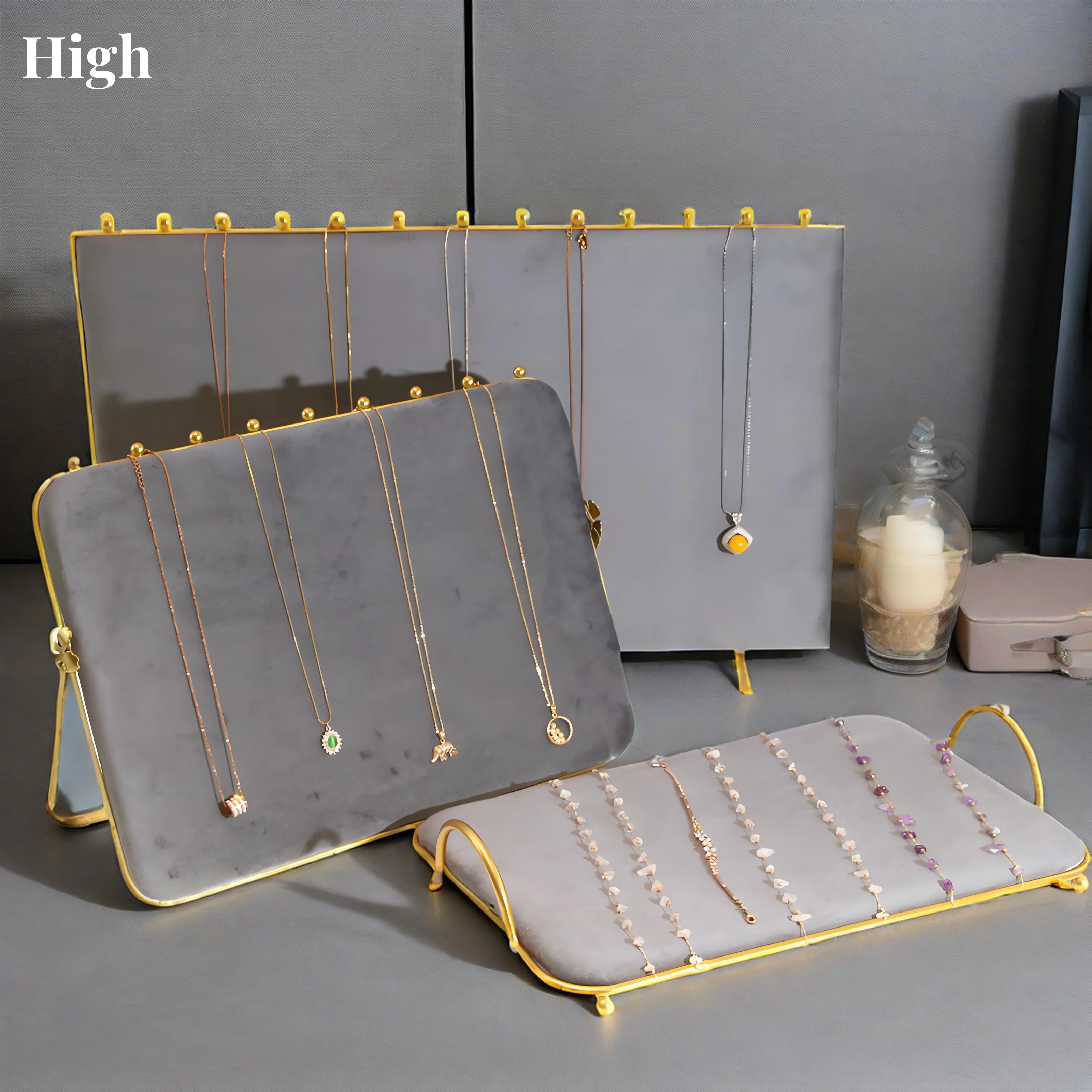 Gray Velvet Jewelry Display Rack Earrings Necklace Small Ornaments Storage Tray Ab Double-Sided Series Hanging Rack Window Props