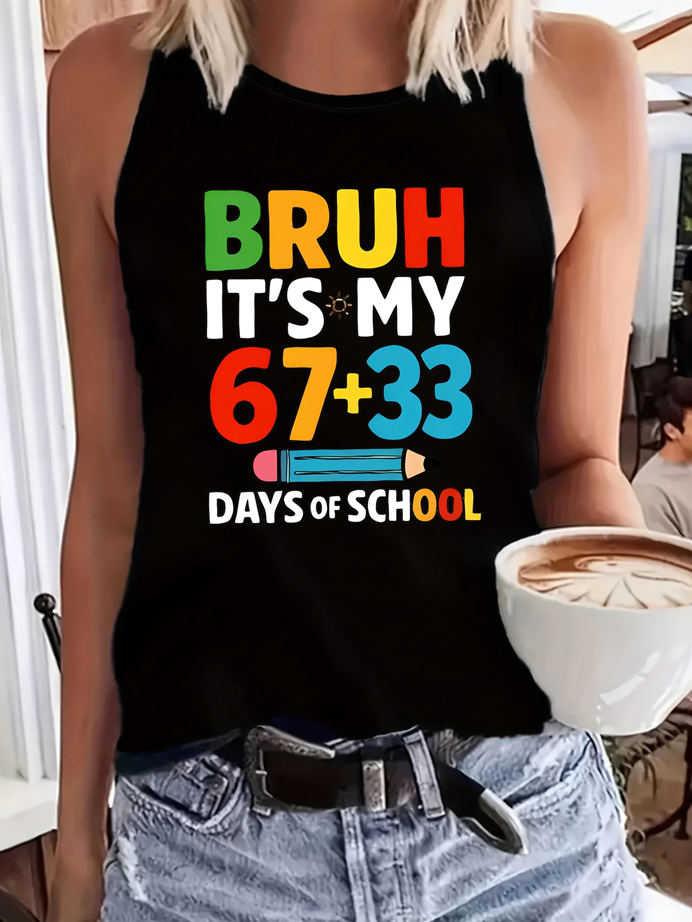 Women Summer Crew Neck Sleeveless Tank Top, Bruh It's My 67+33 Days of School Letter & Pencil Print Casual Tank Top