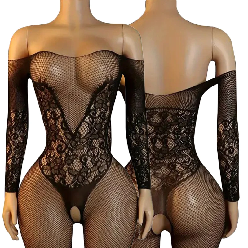 Sexy See Through Mesh Clothing Off Shoulder Jumpsuit Jacquard Hollow Out Seductive Black Silk Style Underwear With Crotch Design