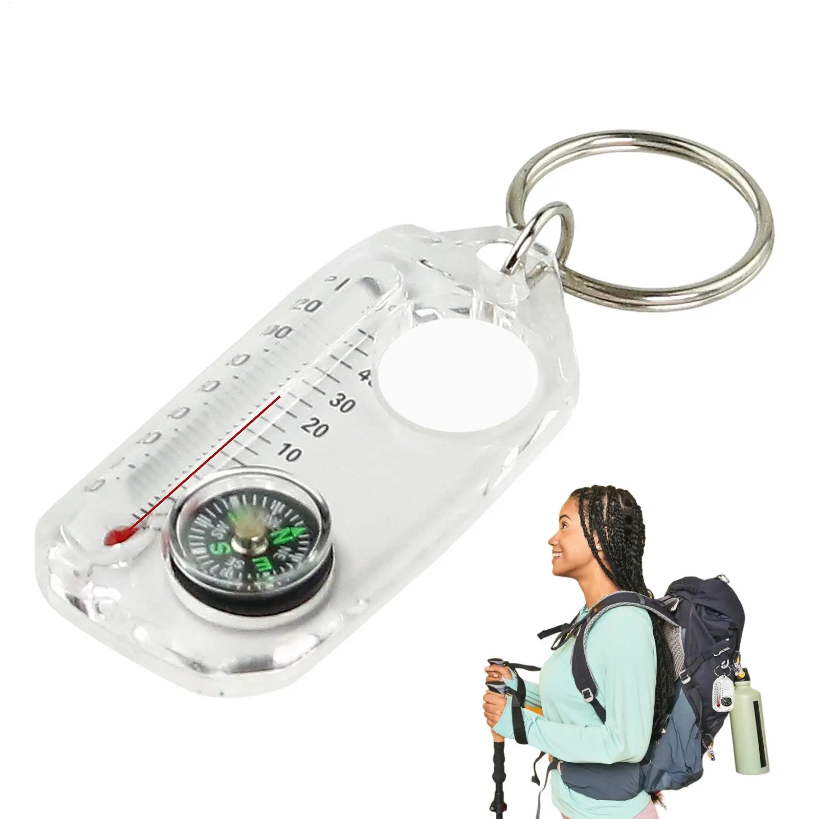 3-in-1 Schlüsselanhänger, Ausgestattet mit einem Flüssigkeits-Thermometer, Zuverlässigem Kompass und Lupe, Geeignet für Reisen und Camping – Detail 1