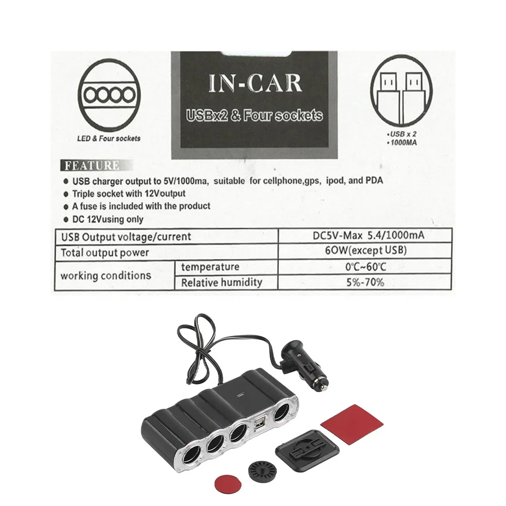 Car 4 Ports Cigarette Lighter Extension Socket Dual USB 1A Charging Adapter Short Circuit Protection 12V