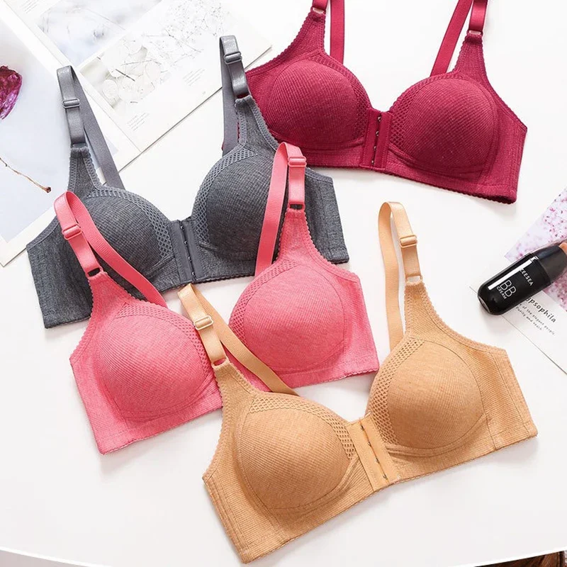 Women Solid Front Closure Push Up Bra Female Summer Thin Bralette Underwear Anti Droop Gather Floral Edge Active Brassiere Top