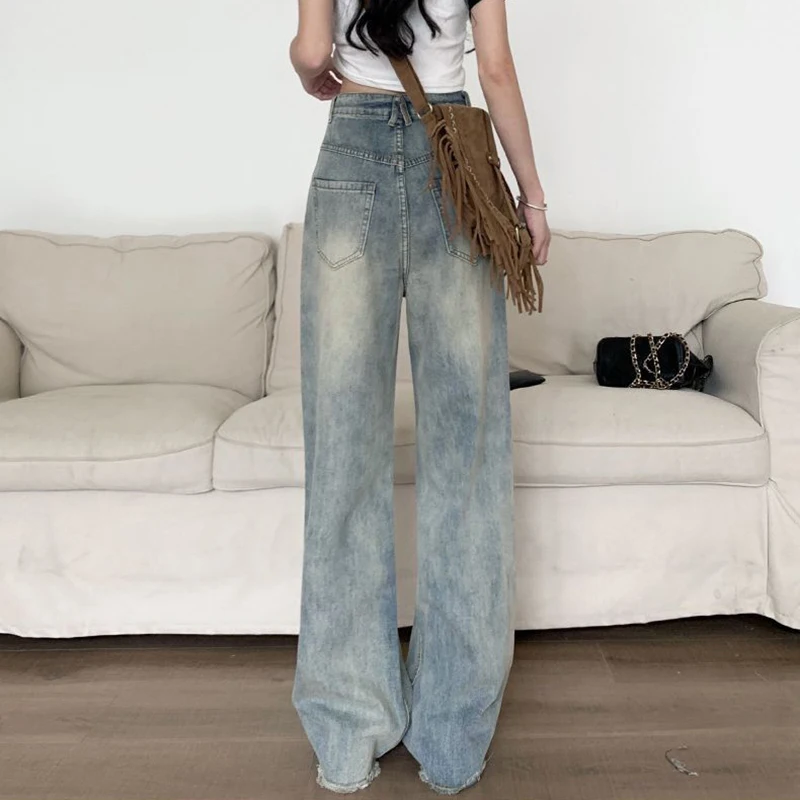 Pantalones vaqueros de pierna ancha de otoño, nuevos pantalones largos para mujer, pantalones de pierna recta Retro, pantalones vaqueros informales versátiles de cintura alta