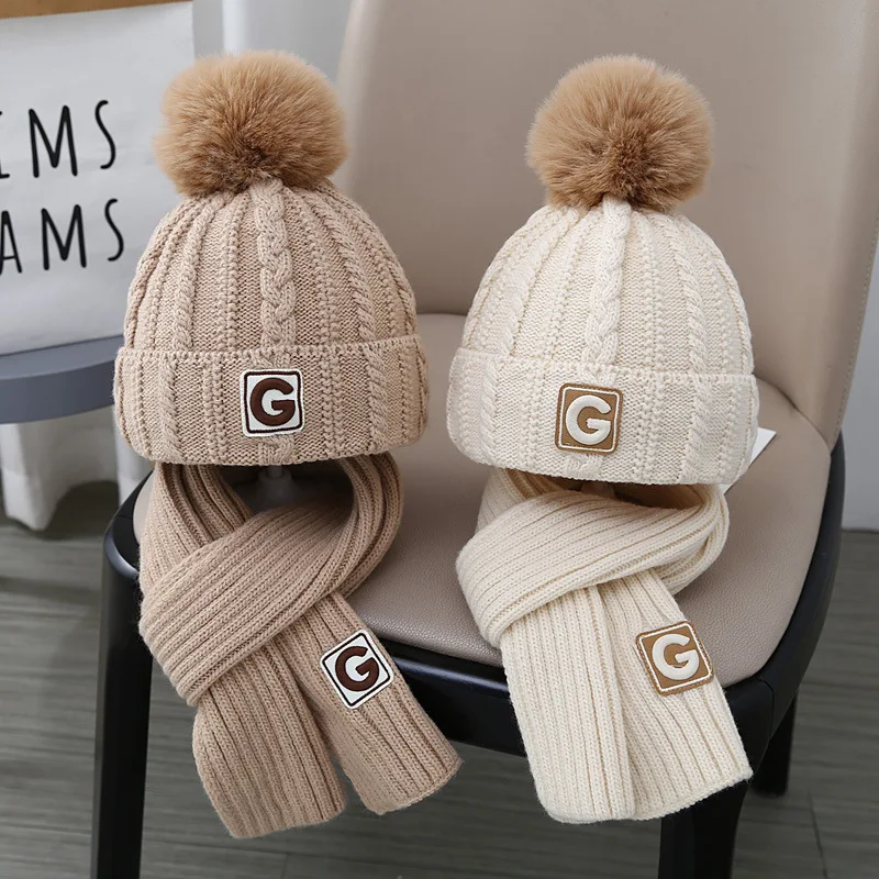 Winter Baby Pompom Hat with Scarf  Set Kids Knitted Cap for Girls Boys Winter Children Thicken Solid Letter G Warm Hats 2-8Years