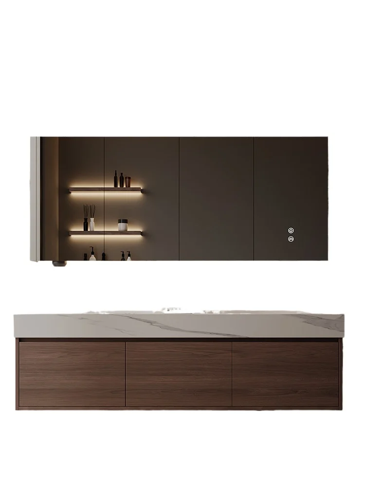 Medieval Walnut Bathroom Cabinet Combined Rock Slab Seamless Integrated Basin Double Basin Bathroom Cabinet