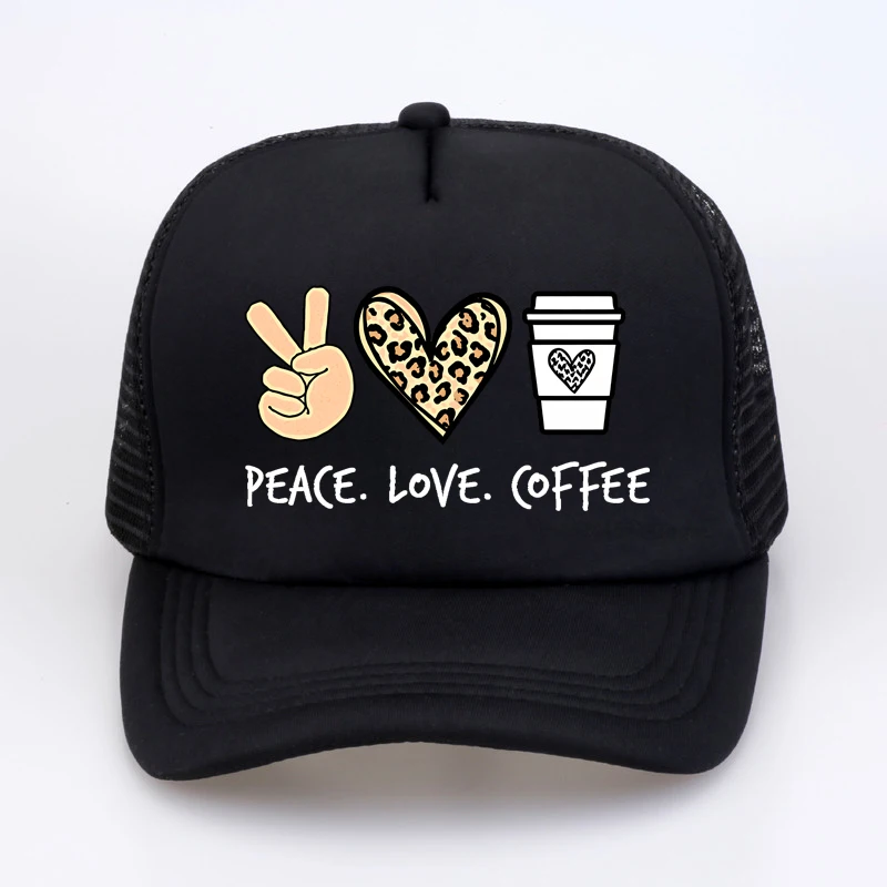 

Women's Casual sunhat Peace Love Coffee Graphic Print with Leopard Heart Iced Coffee Design baseball cap Mesh breathable caps