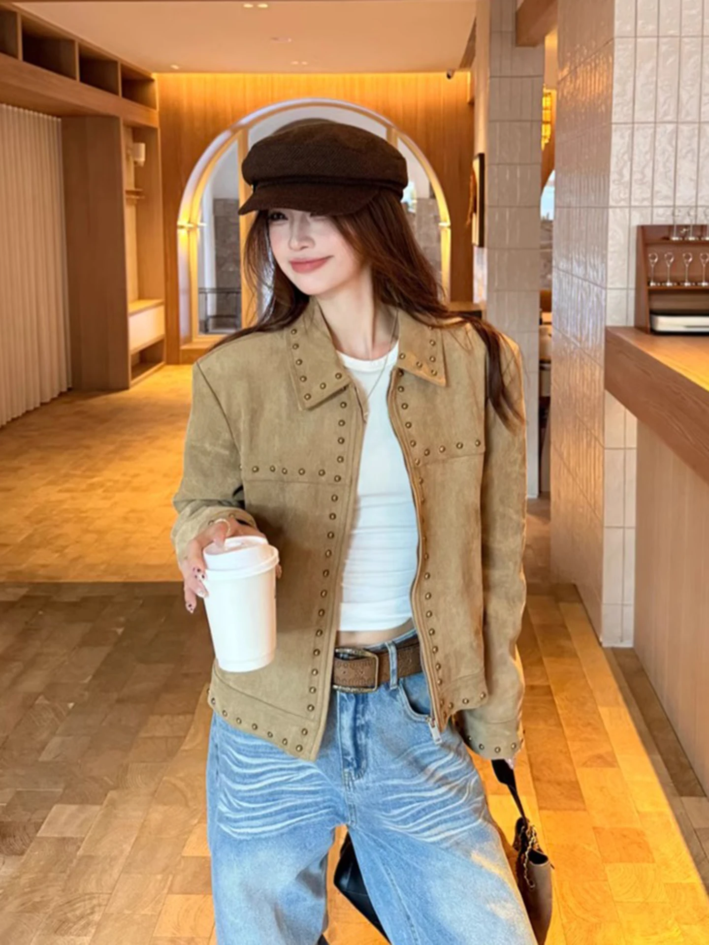 

Ретро американская куртка цвета хаки на пуговицах, женская свободная тонкая короткая мотоциклетная куртка, топ с длинными рукавами на осень