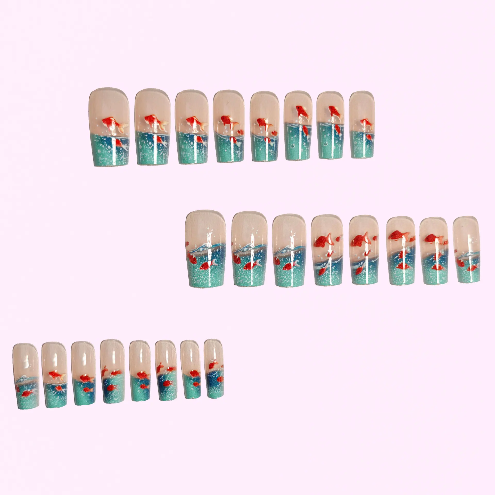 Square Underwater Element Smart Magic Goldfish Glazed Wearing Armor Removable Manicure 24pcs False Nails Nail Art