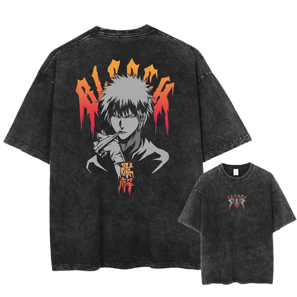 

Men Black Washed T-Shirt Fashion Streetwea Anime Graphic Print Oversize Tshirt Summer Short Sleeve Cotton Loose Vintage Top Tee
