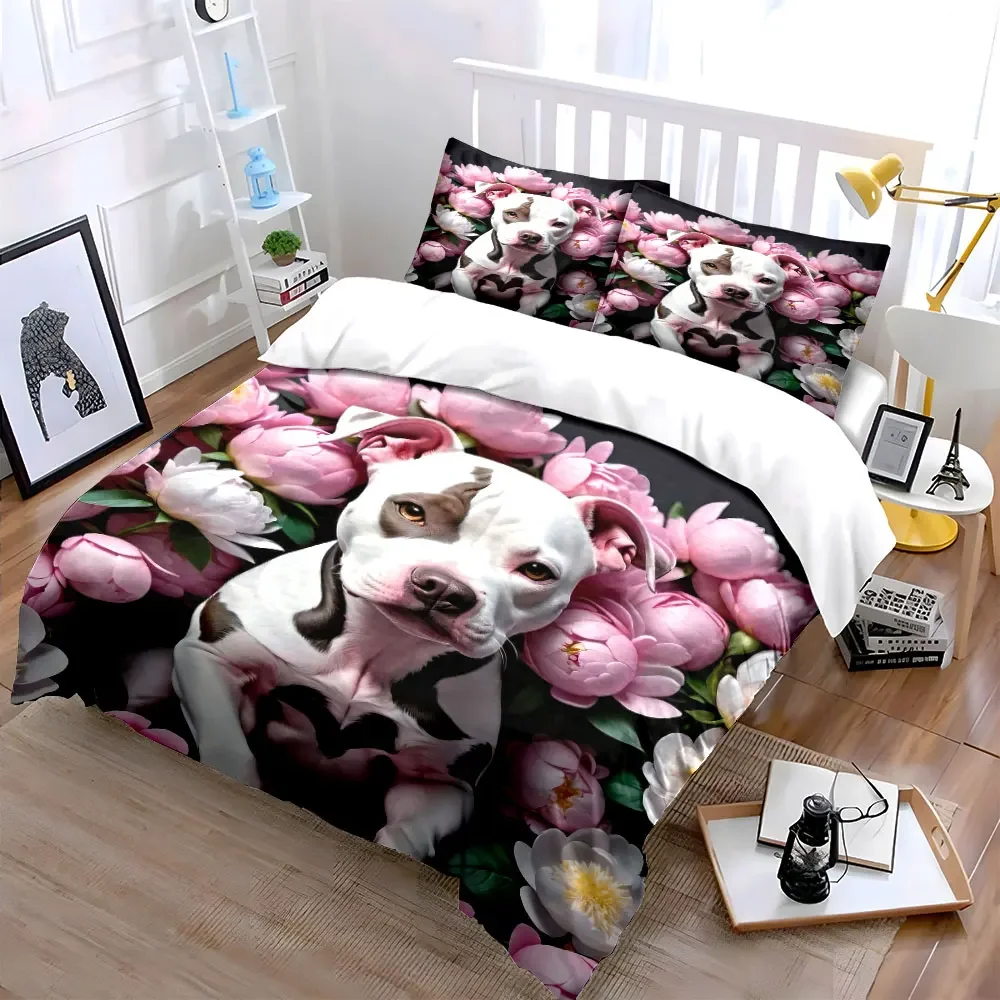 Pit Bull and Peonies Bedding Set, White Pit Bull Surrounded by Pink Peonies Print Duvet Cover + 2 Pillowcases, Floral Dog Decor