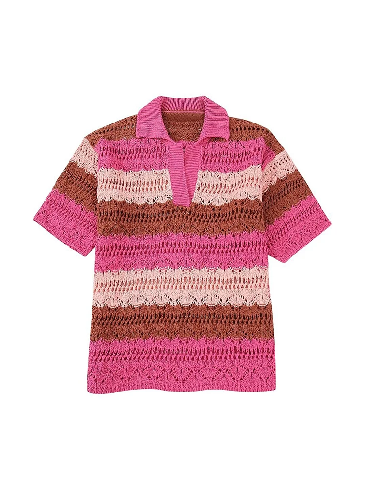 TRAFZA Donna Chic Knit Stripe Pink Sweet Due Pezzi Y2K Manica Corta Polo T Shirt Moda Casual Street Mini Shorts Set Vacanza