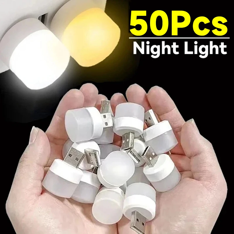 50-1Pcs Mini USB Night Lights for Computer Mobile Power USB Plug Charging Lamps LED Warm White Eye Protection Book Reading Light