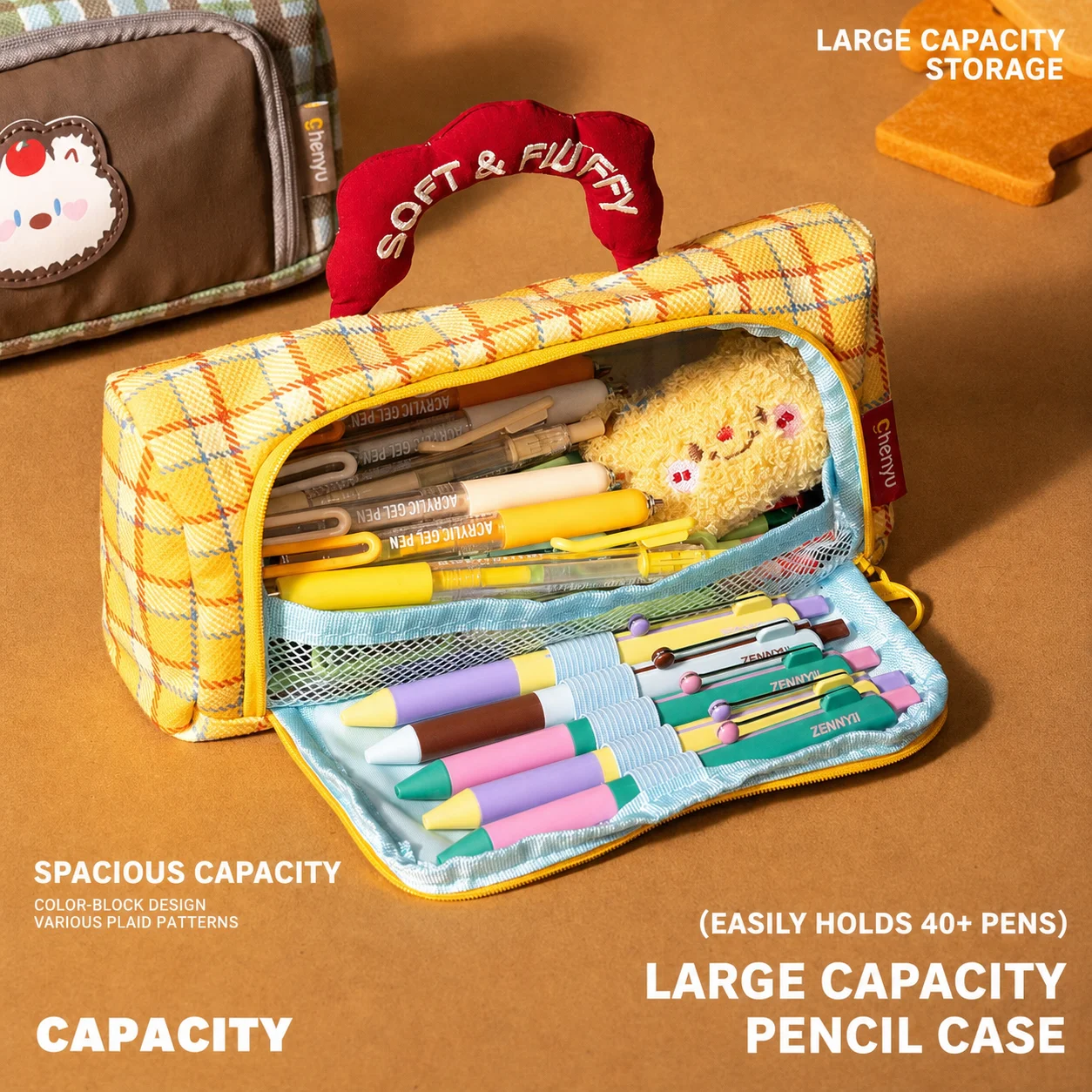 Portable Pencil Bag Plaid Stationery Organizer Polyester Pencil Bag Large Capacity Pencil Pouch For Small Sundries School Use
