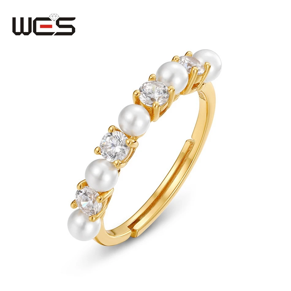 WES 925 Sterling Silver Pearl Open Rings for Women Gold Plated Fashion Jewelry Party Valentine Gifs Anniversary Girls Trendy