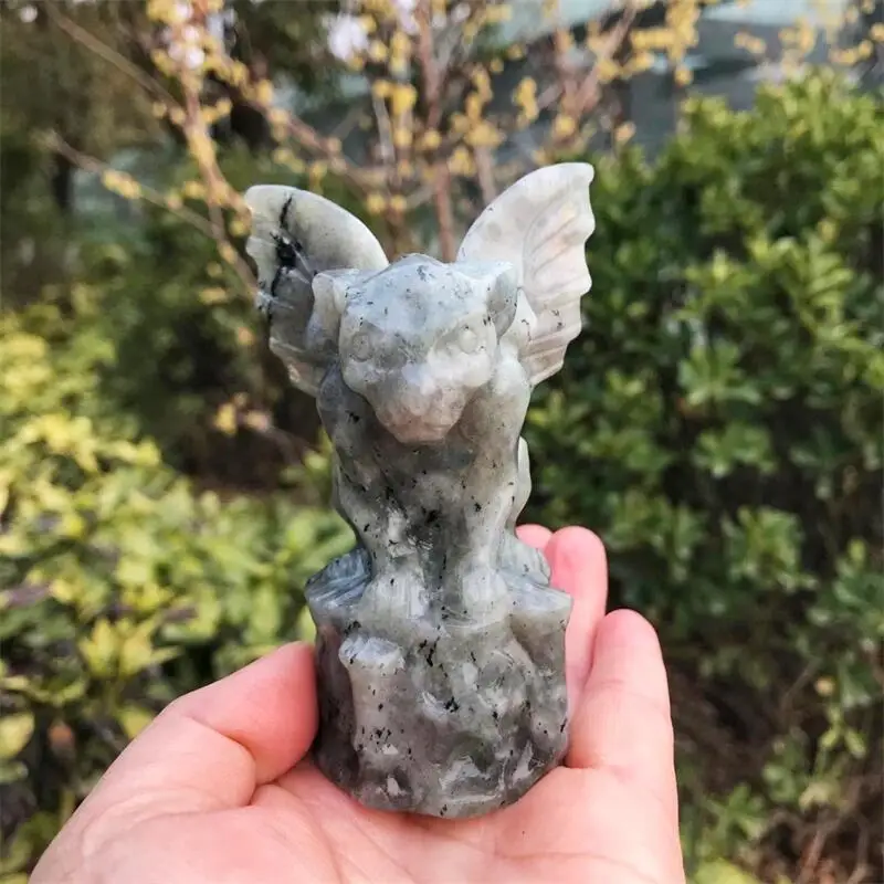 Natural Labradorite Crystal Gargoyle Hand Carved Polished Quartz Statue Healing Gemstones Crafts For Home Decorations 1pcs