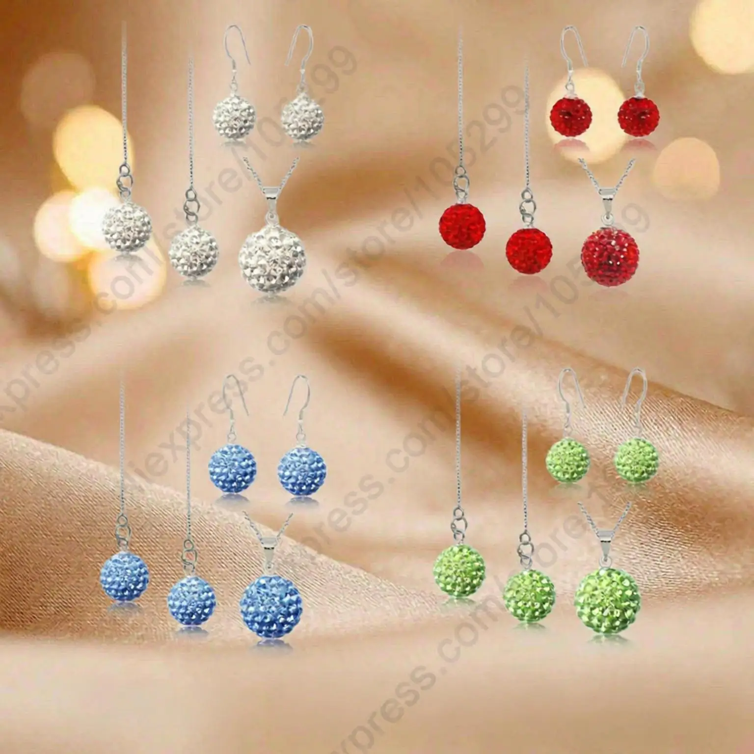 Classic 925 Sterling Silver Disco Ball Beads Crystal Zircon Necklace Earrings Ear Thread Set For Women Girls Party Jewelry Gifts