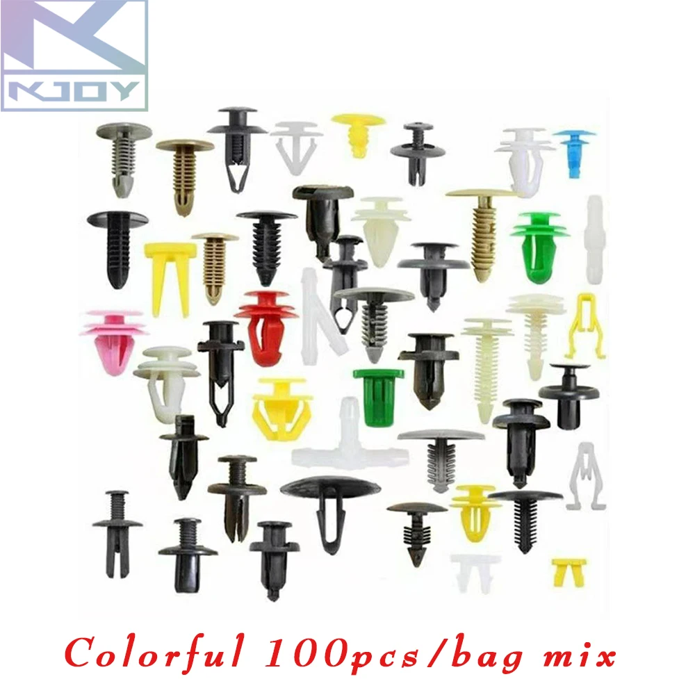 Clips de voiture de fixation automatique colorés, corps mixte, poussée, retenue, goupille, rivet, pare-chocs, porte, garniture, panneau, kit de fixation, outil, sac, 100 pièces