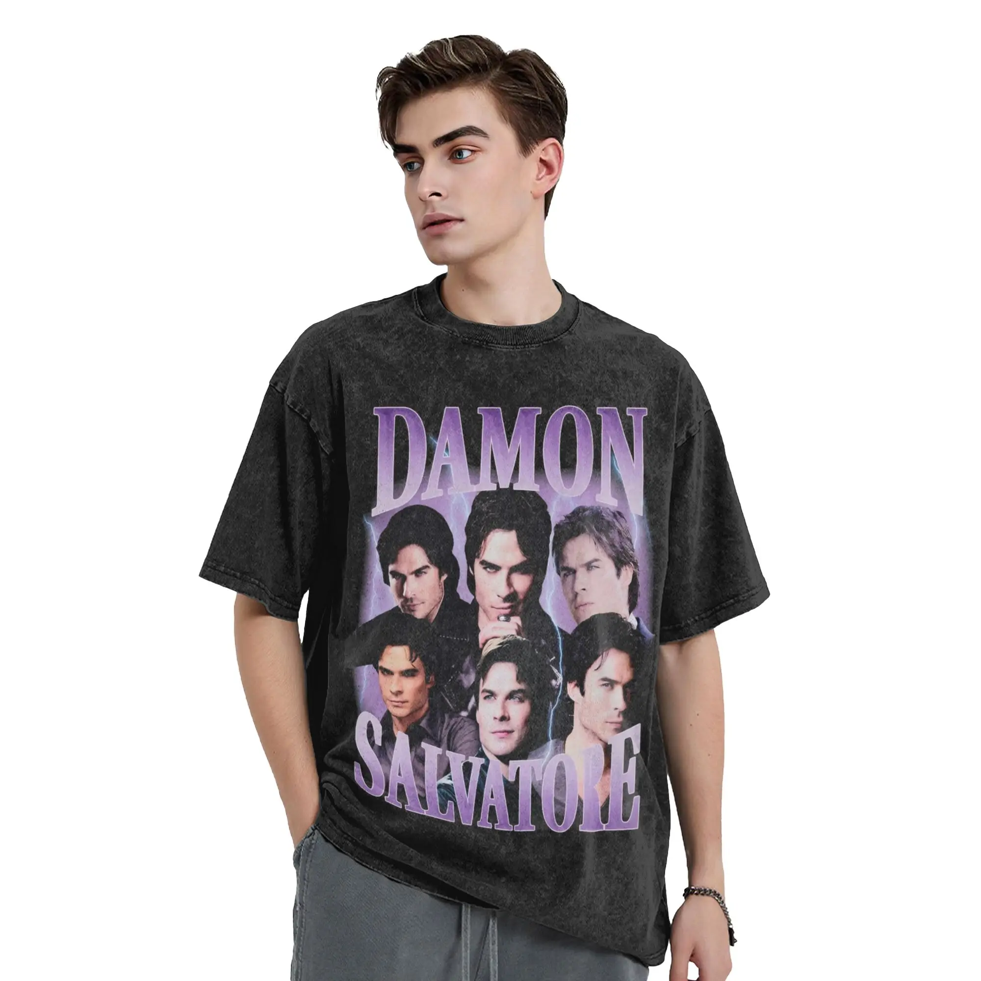 Damon Salvatore 90s Vampire Diaries Washed T Shirt Streetwear Hip Hop T-Shirt  Tees for Men Women Short Sleeve Harajuku Printed