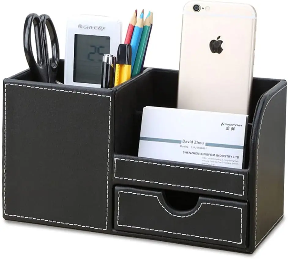 

PU Leather Desk Organizer with Drawer, Multi-Function Pen Holder for Office, Cell Phone, Business Cards, Remote Control, Black