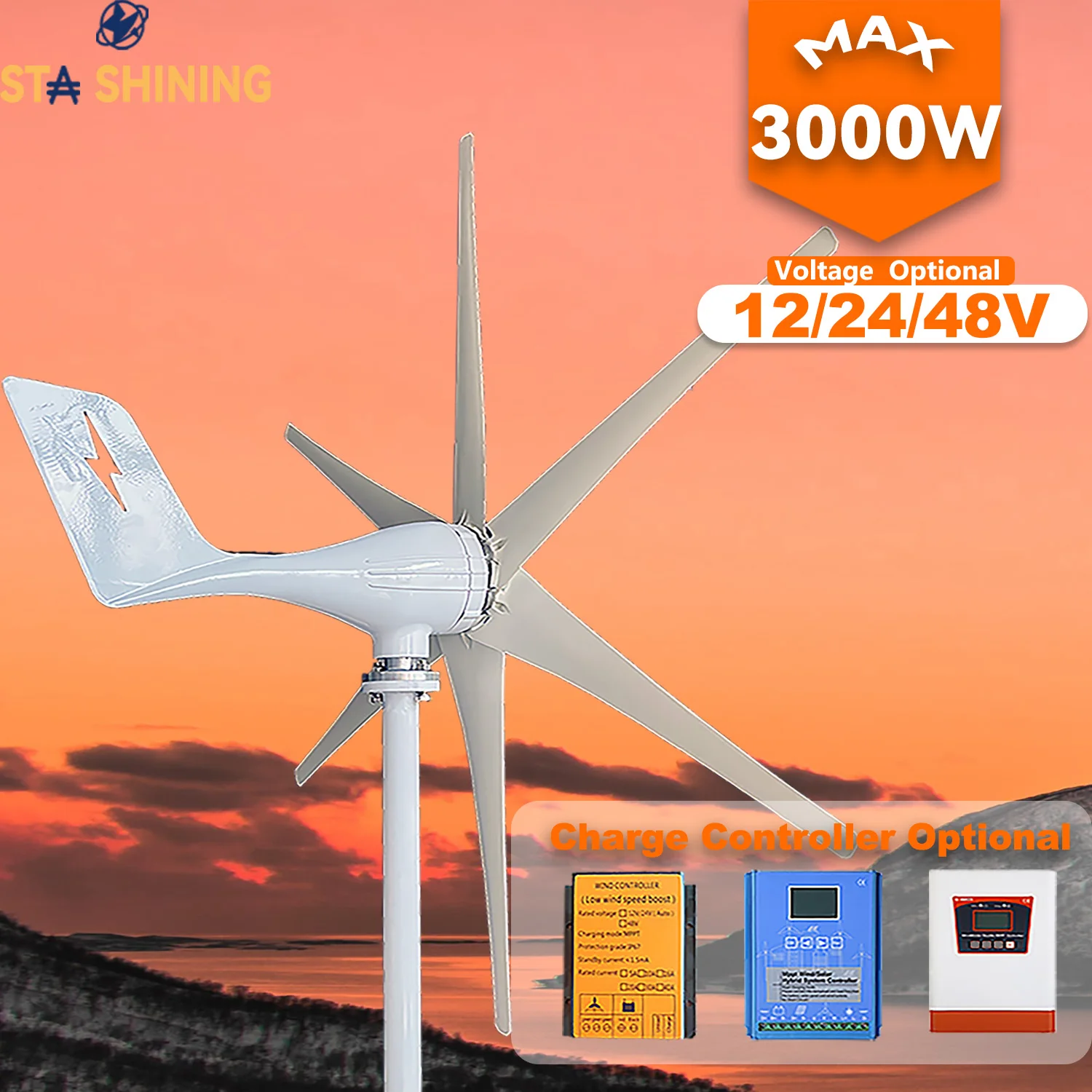 

【Higher-Output】Horizontal Wind Turbine Generator 3000W Windmill w/MPPT Charger/Hybrid Solar Wind Power System, Home Use 6 Blades