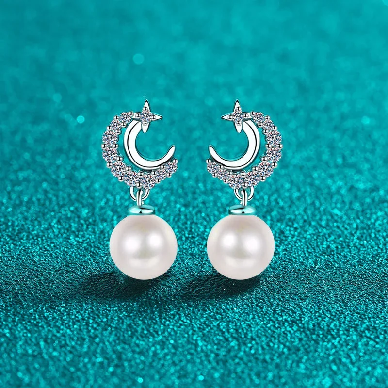 18K gold moissanite S pearl earrings for women fresh and cute star and moon sweet temperament earrings 0.35carat