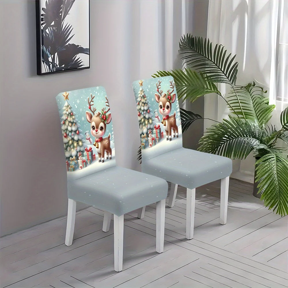 Light Blue Back Print Cartoon Reindeer Christmas Tree Gift Box Snowflake Dining Chair Slipcover Stretch Xmas Holiday Chair Cover