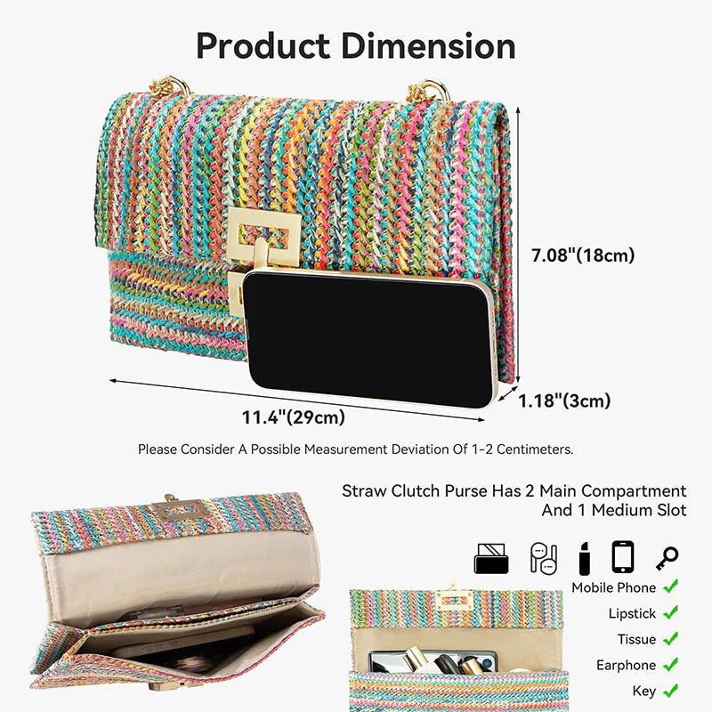 Woven Wicker Rattan Envelope Clutch Handbags for Women Boho Summer Beach Hand-Woven Straw Purses Ladies Shoulder Messenger Bags