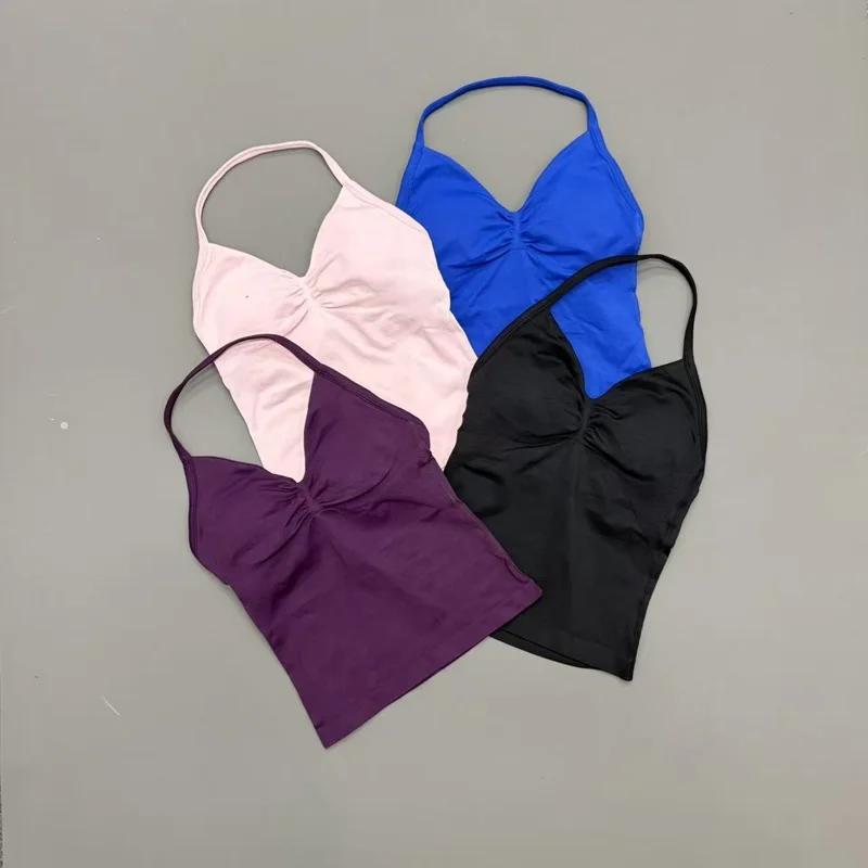 Gym Women Sports Tank Top Seamles Halter Spaghetti Strap Removable Bra Pads Brave Quick Dry Running Fitness Yoga Workout Apparel