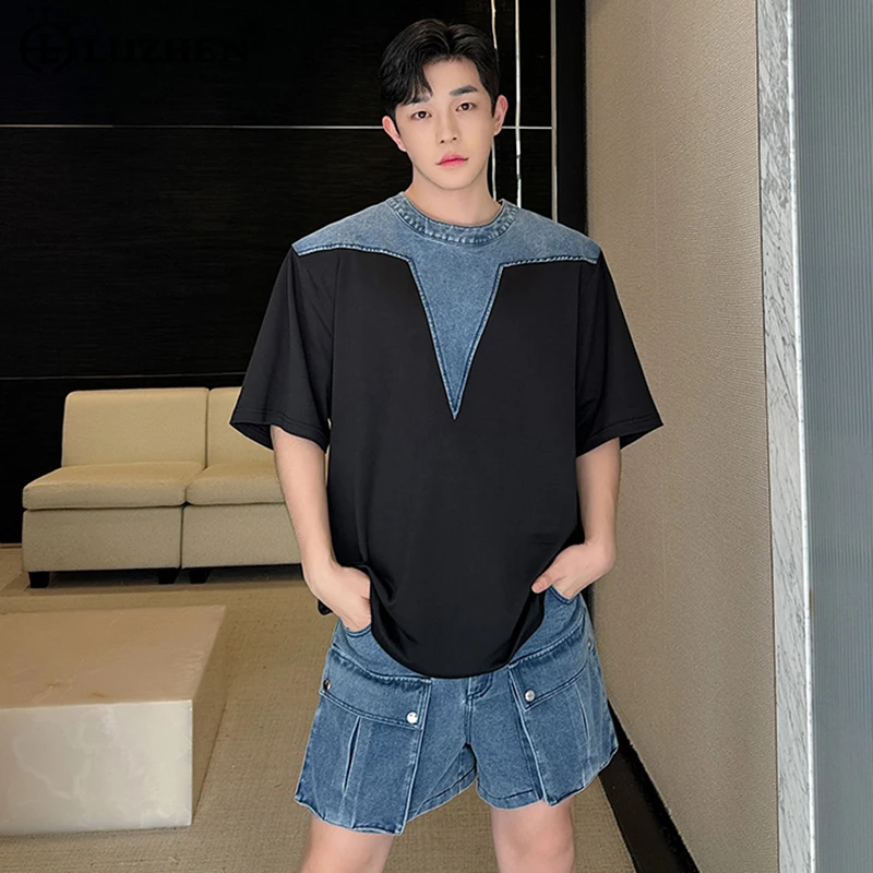 

LUZHEN Denim Splicing Design Trendy Short Sleeved T Shirts Two-piece Sets Stylish Korean Street Men Straight Denim Shorts LZ3444