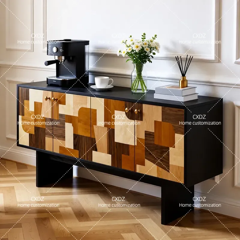 Solid Wood Dining Side Cabinet Geometric Color Matching Household Locker Living Room Storage Cabinet