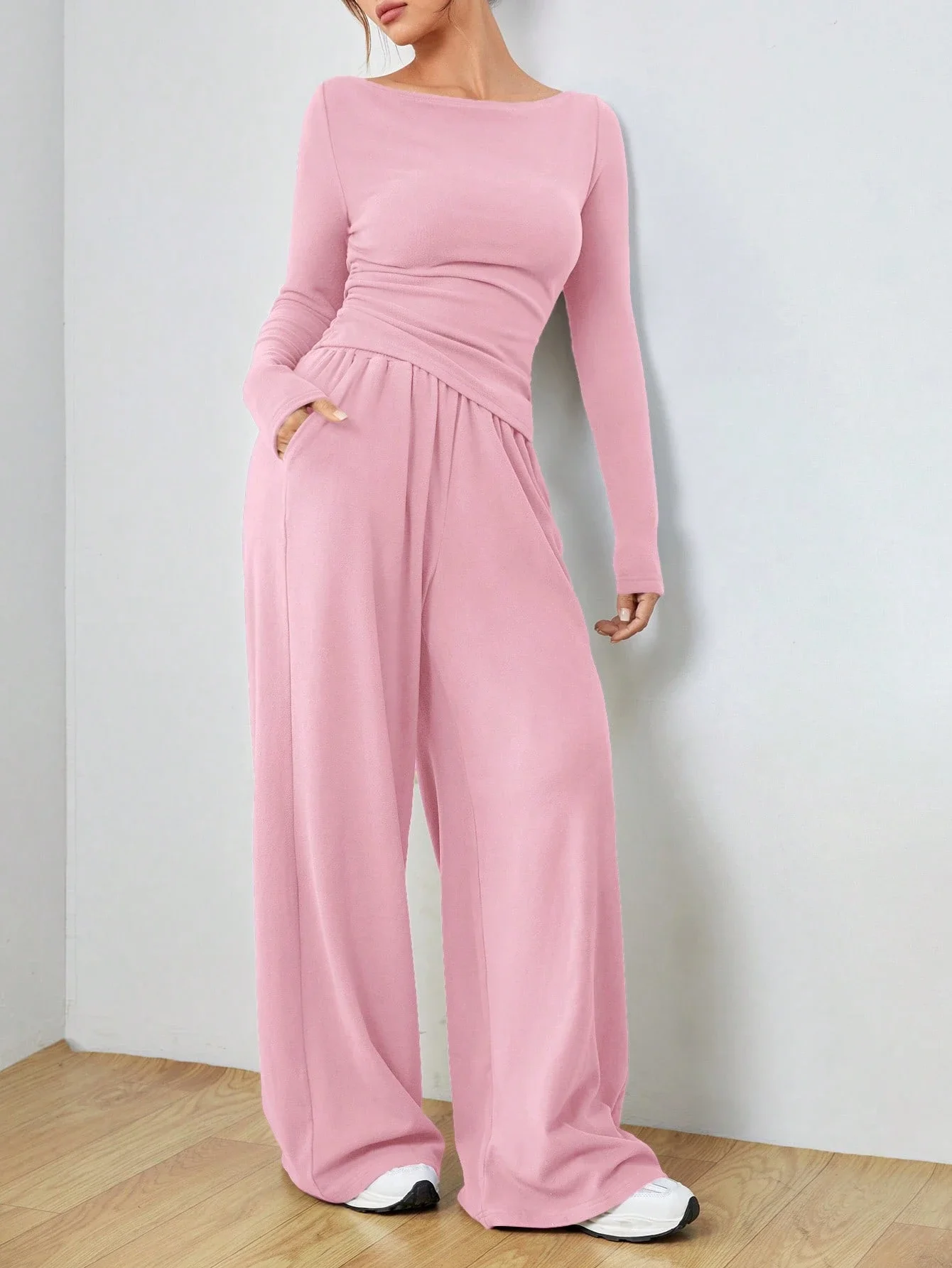 

Women's Spring Autumn Casual Long Sleeve Top And Wide Leg Pants Set