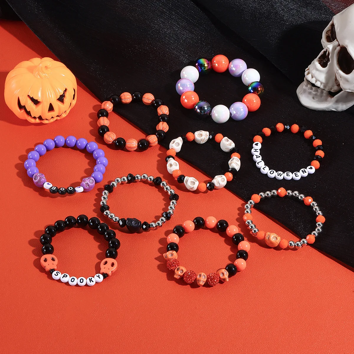 2PCS Halloween Female Beads Bracelet Spider Pumpkin Pendant Stackable Halloween Bracelet Elastic Multi-layer Bracelet Jewelry