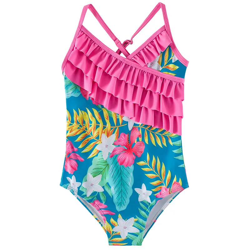 2023 Girls Swimsuits Kids One-piece Suspenders Tied Shoulder Swimsuit Vintage Kimono Printed Bikini Set Beach Bathing Suit