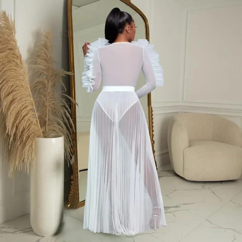 KEXU-Robe Longue Transparente en Maille pour Femme, Tenue de Soirée à Volants, Manches sulf, Col en V, 2024