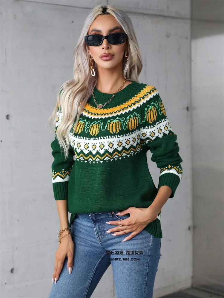 Vintage Printed Round Neck Knitted Sweater Women Elegant Long Sleeve Loose Warm Pullover 2024 New Autumn Lady Commute Streetwear