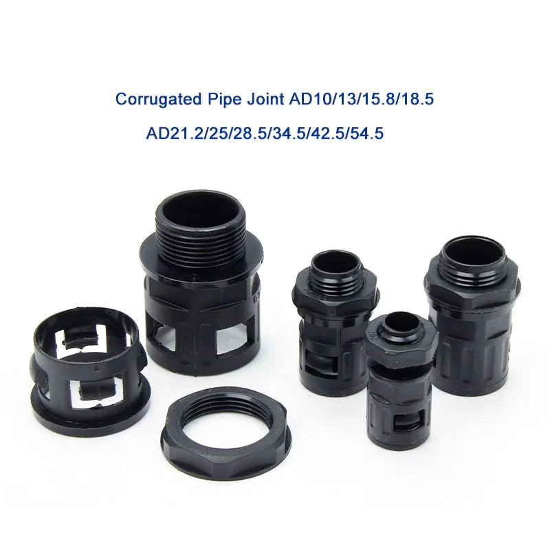 Black Cable Gland Corrugated Pipe Joint AD10/13/15.8/18.5 Plastic Bellows Plug PE Hose AD21.2/25/28.5/34.5/42.5/54.5