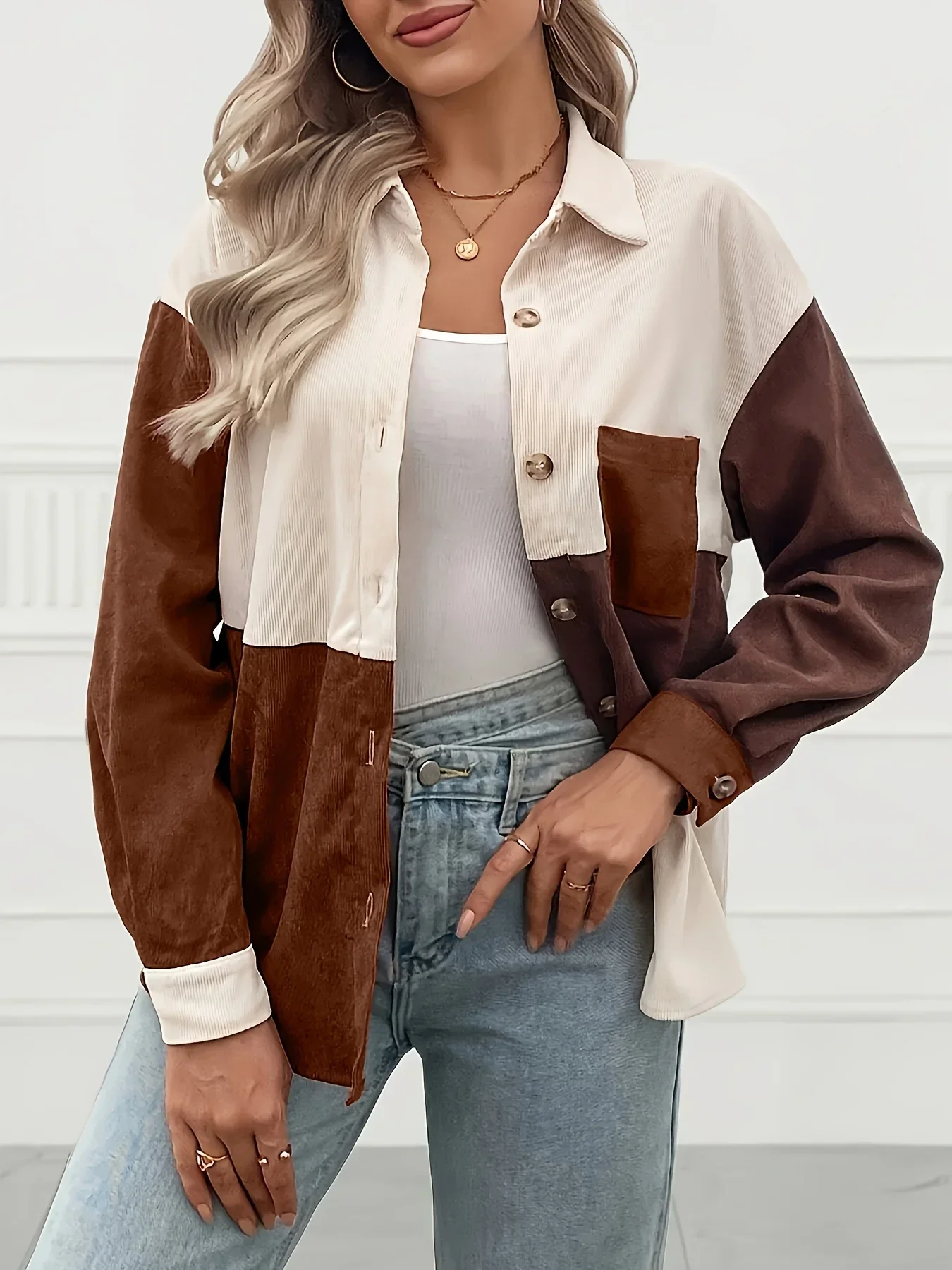 Women Color Block Patchwork Shacket Turn Down Collar Long Sleeve Button Down Corduroy Shirt Jacket With Chest Pocket