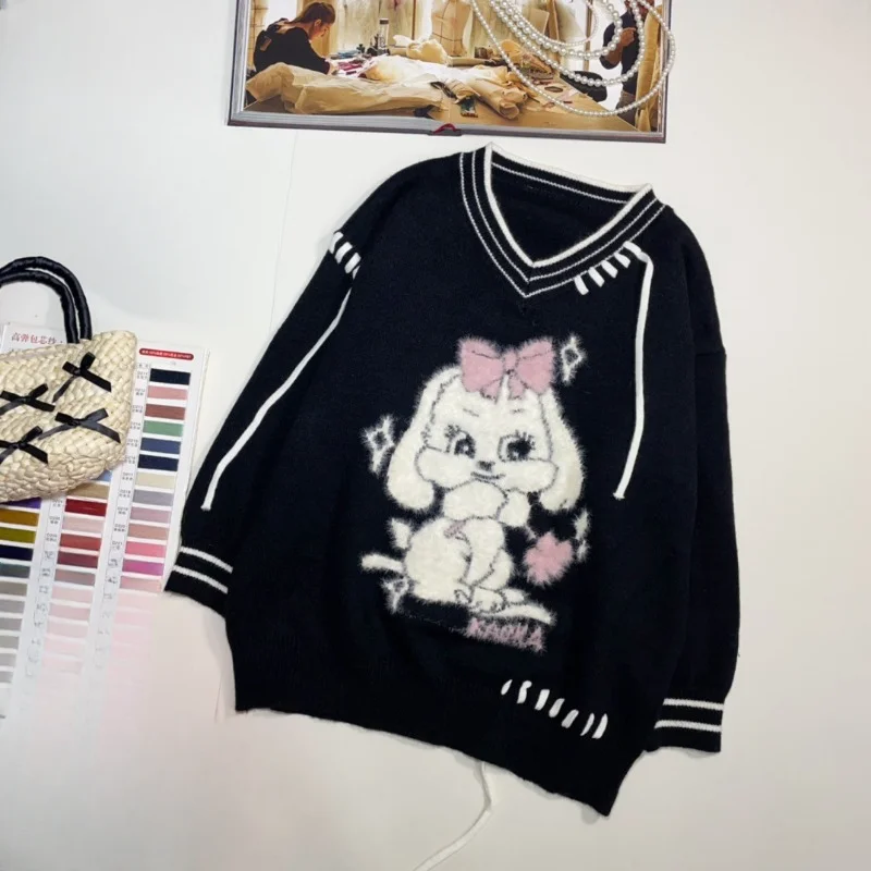 Autumn And Winter New Korean Style Sense Of Design Knitwear Contrast Color V-neck Cute Cartoon Jacquard Youthful-Looking Sweater