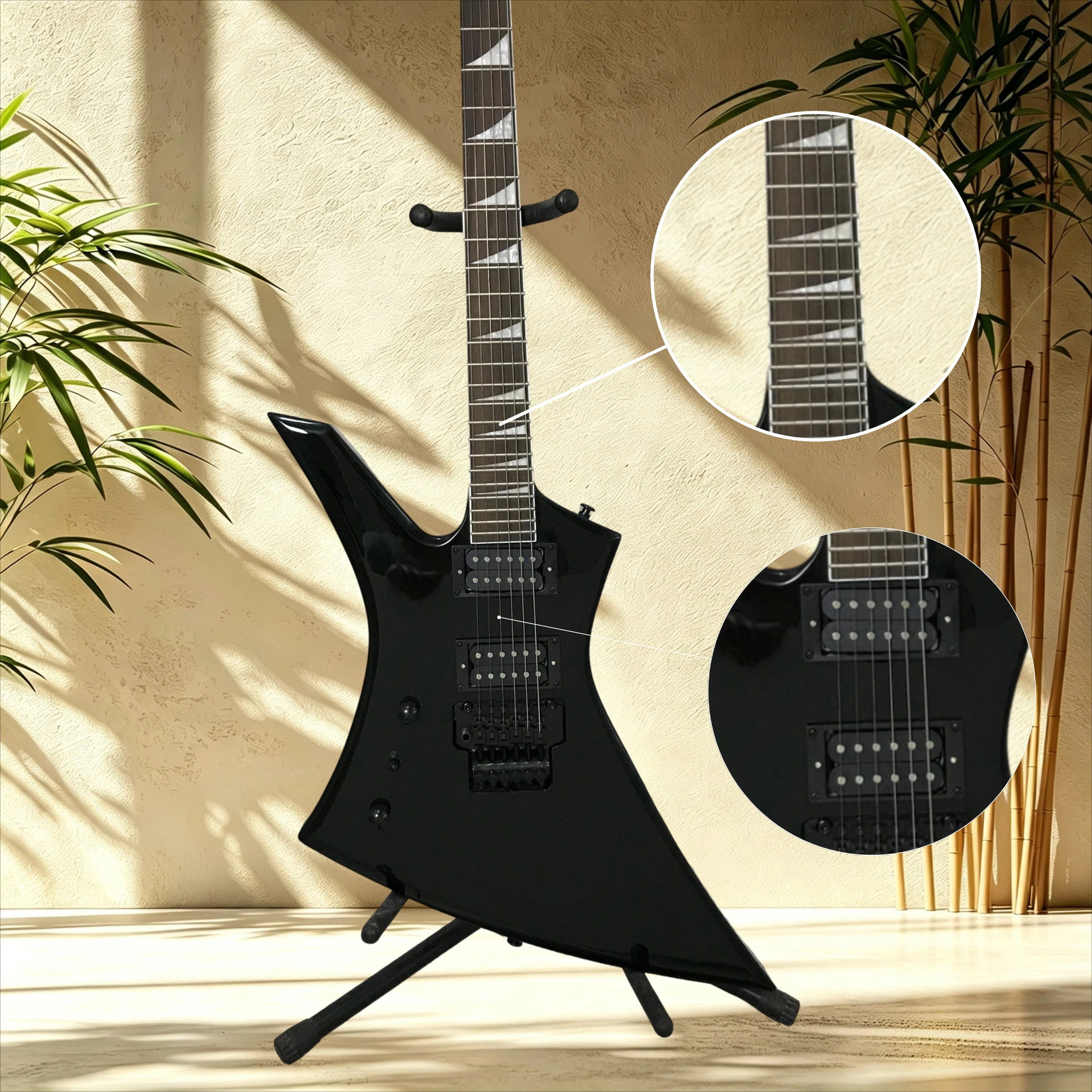 E Black Dart Shape Electric Guitar Rosewood Fretboard Triangle Inlay Double Humbucker Tremolo Metal Band Rehearsal Live Hot Sale