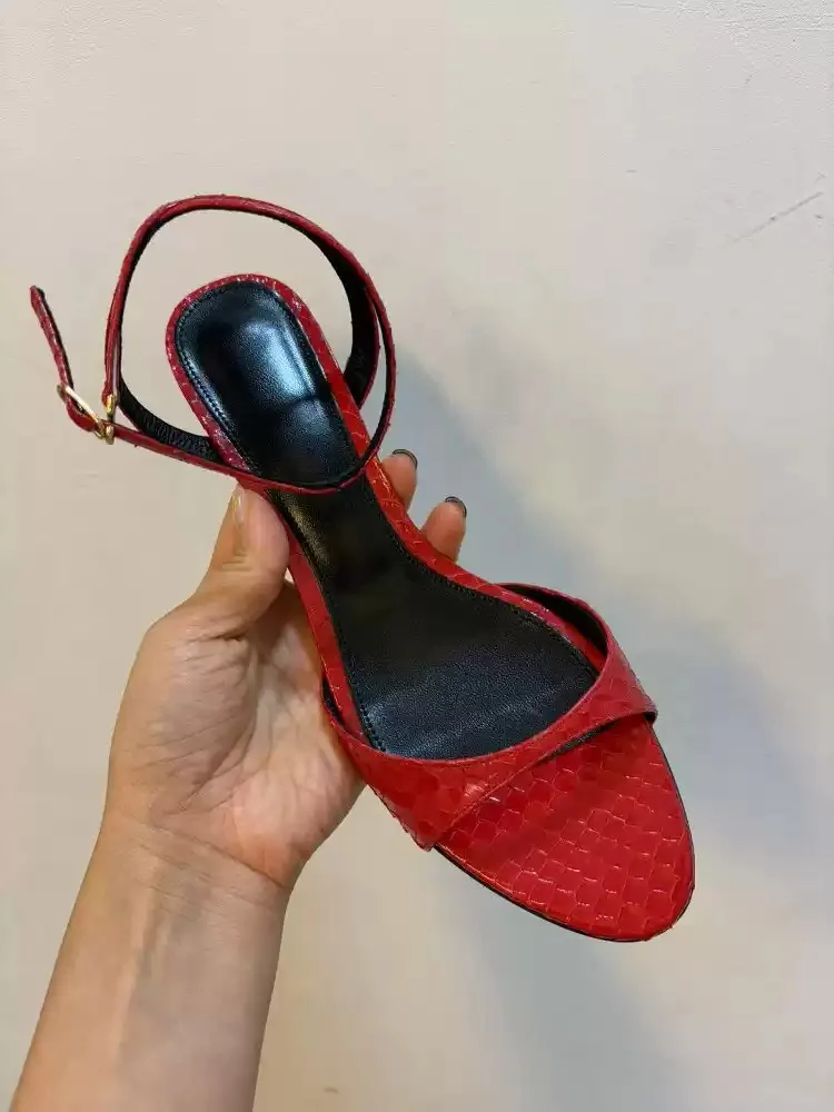 Women's Red Patent Leather Open Toe Kitten Heel Sandals Adjustable Ankle Strap Croc-Embossed Heels for Parties Night Out Elegant