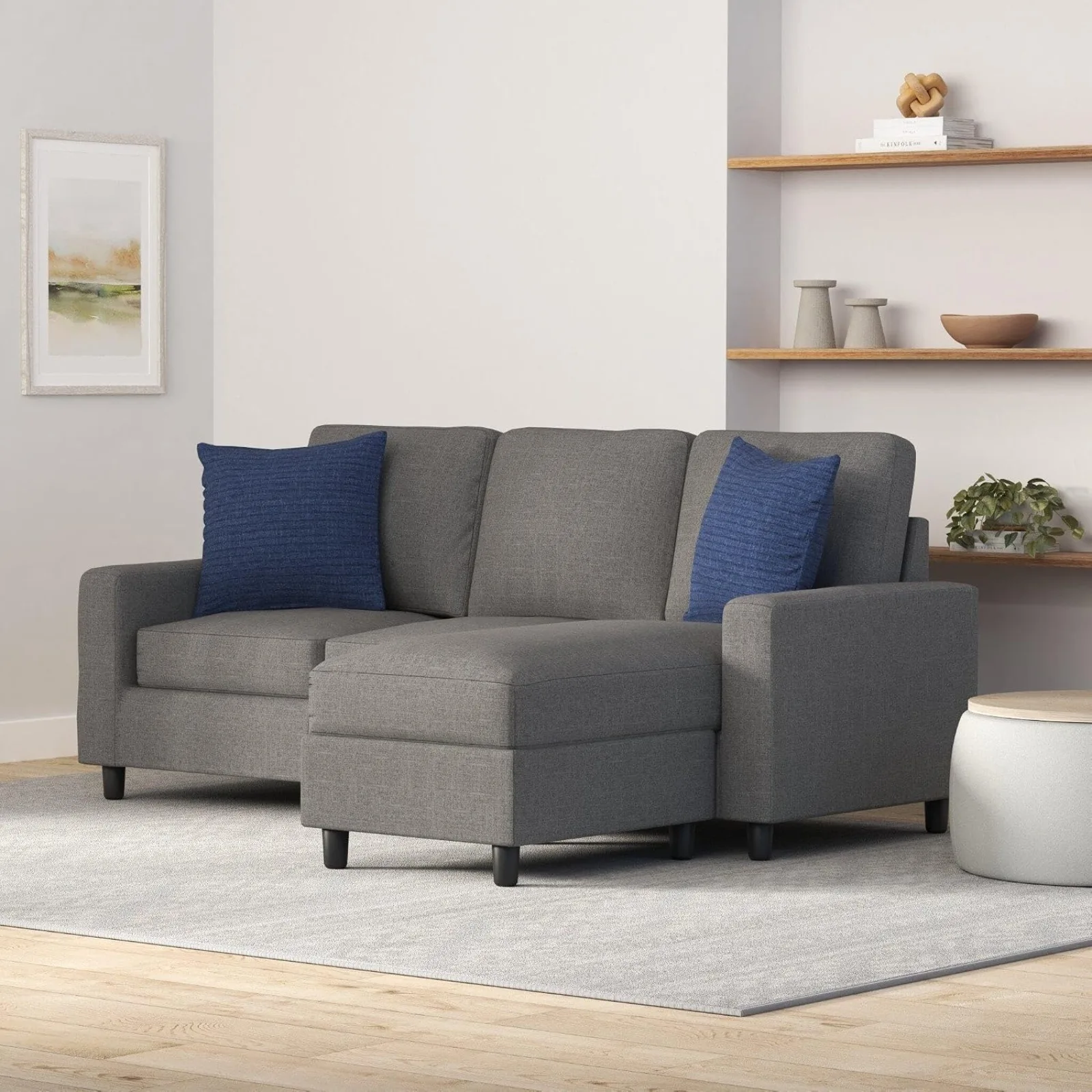 Upholstered Sectional Sofa for Home, Apartment, Dorm, Bonus Room, Compact Spaces w/Chaise Lounge, 3-Seat, L-Shape Design, Reversible Ottoman Bench, 680lb Capacity - Gray