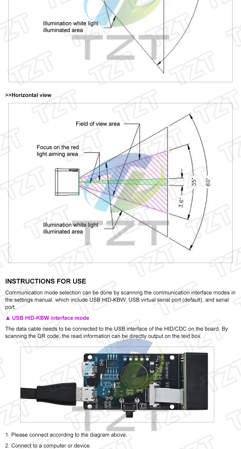 TZT QR/1D/2D/Code-Scanner V4.0 Barcode-Erkennungsmodul mit Serieller Kommunikation UART-Schnittstelle USB-Tastatureingabe – Detail 2