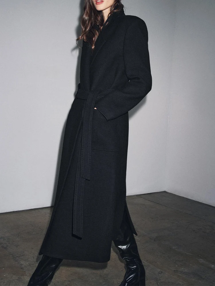 

European style new women's fashion versatile temperament solid color lapel with belt loose woolen coat