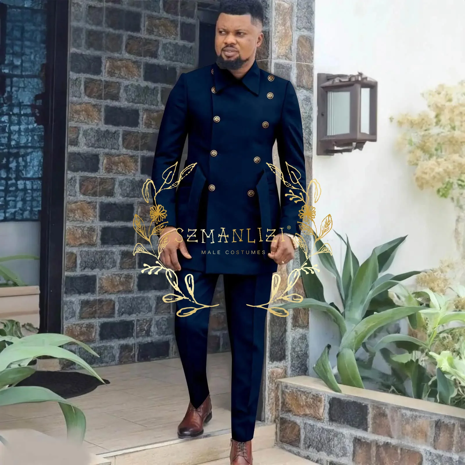 

Navy Blue 2 Piece Formal Suit for Men Double Breasted Blazer Pants Set Business Office Outfit Wedding Groom Tuxedo Party Dress