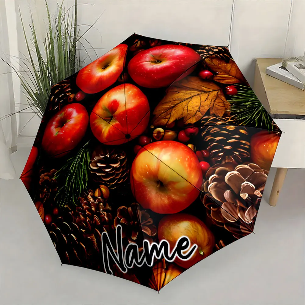 Custom Name Autumn-themed umbrella with apples and pine cones Print 8 Iron Ribs Folding Umbrella, Auto-Open Fashion Sunshade