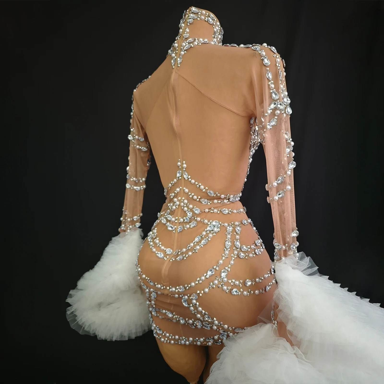 Seksowna i luksusowa sukienka z diamentami i perłami, z prześwitującymi elementami, z długim rękawem, idealna na występy sceniczne, dla piosenkarki, na imprezę, urodziny lub inne wydarzenia.