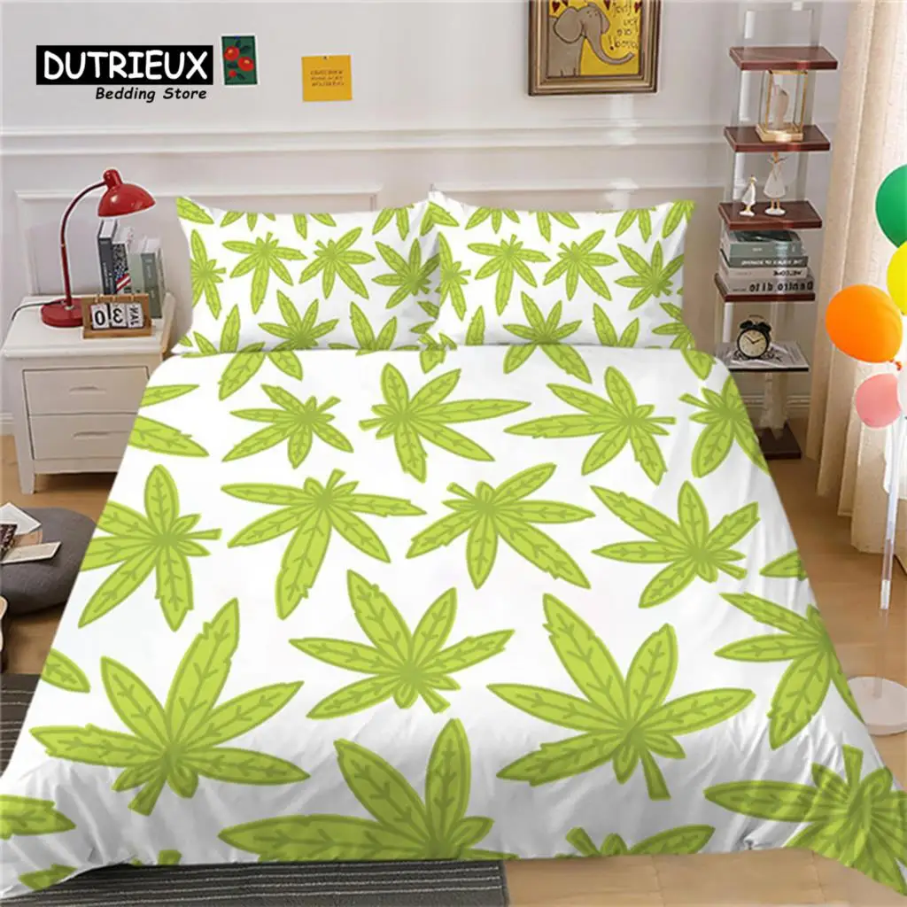 

Green Marijuana Weed Leaf Duvet Cover Cannabis Leaves Bedding Set Marijuana Leaf Quilt Cover Queen Size For Adults Bedroom Decor