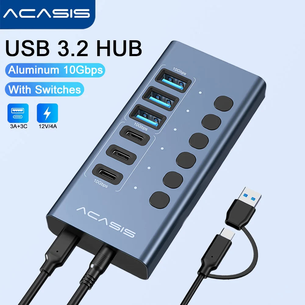Acasis 10Gbps USB 3.2 USB C Hub 6 Ports Splitter Aluminum Powered USB HUB Individual Switch Charging Data Transfer For Pc Laptop